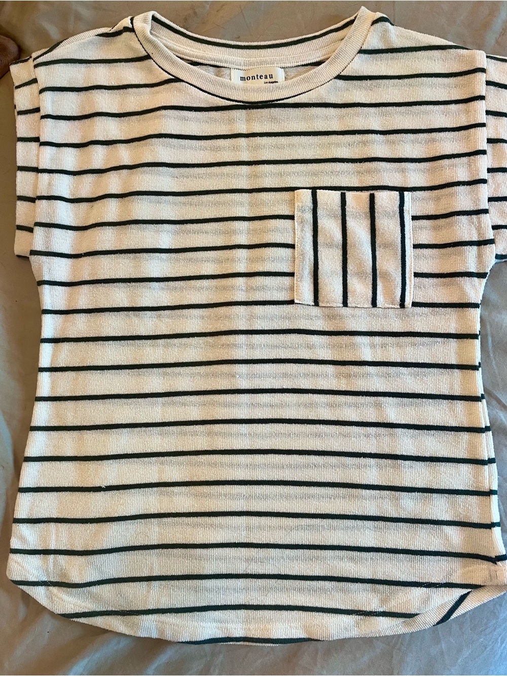 Monteau Cream and Dark Green Striped Pocket Tee